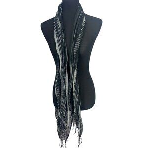 Lightweight Black & Silver Striped‎ Sheer Scarf With Fringe Edge